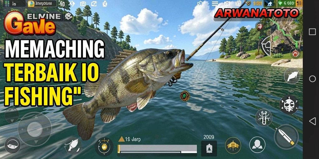 Tampilan gameplay ARWANATOTO menampilkan petualangan memancing yang seru.
