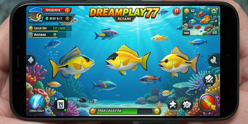 Screenshot gameplay Tembak Ikan dengan ikan berwarna-warni.