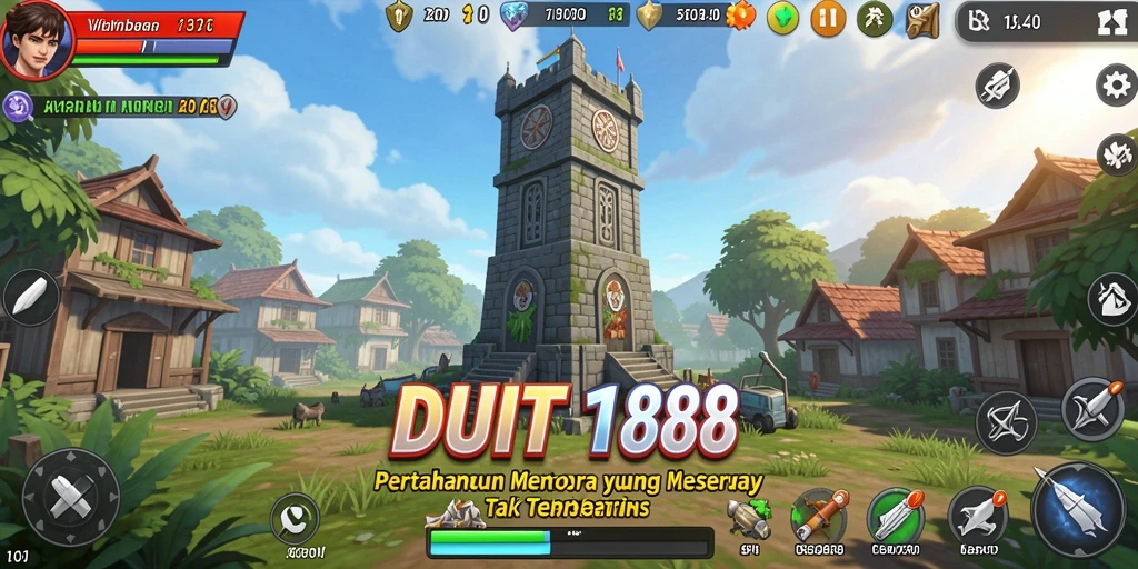 Screenshot gameplay menunjukkan menara yang menyerang gelombang musuh di DUIT188.