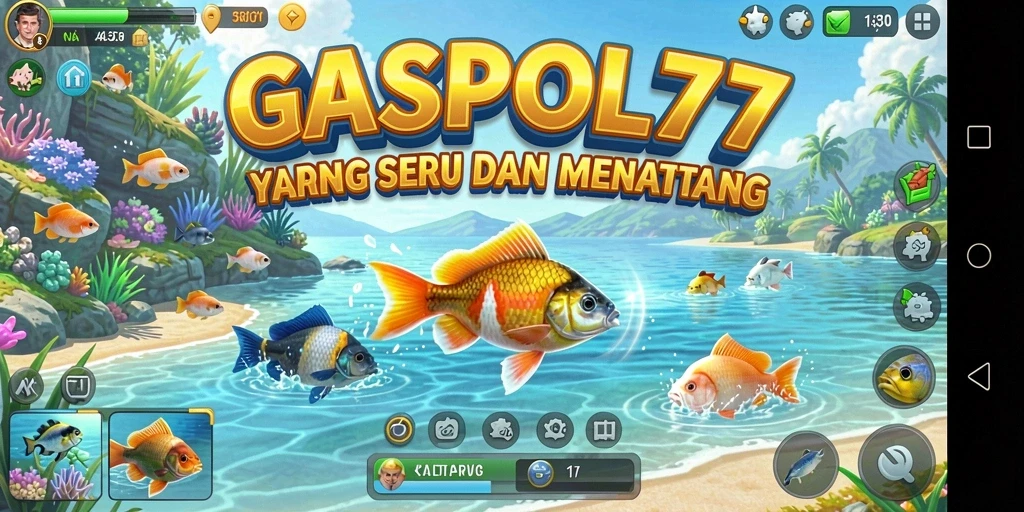 Screenshot utama GASPOL77 menampilkan pemain yang sedang memancing di lokasi yang menakjubkan.