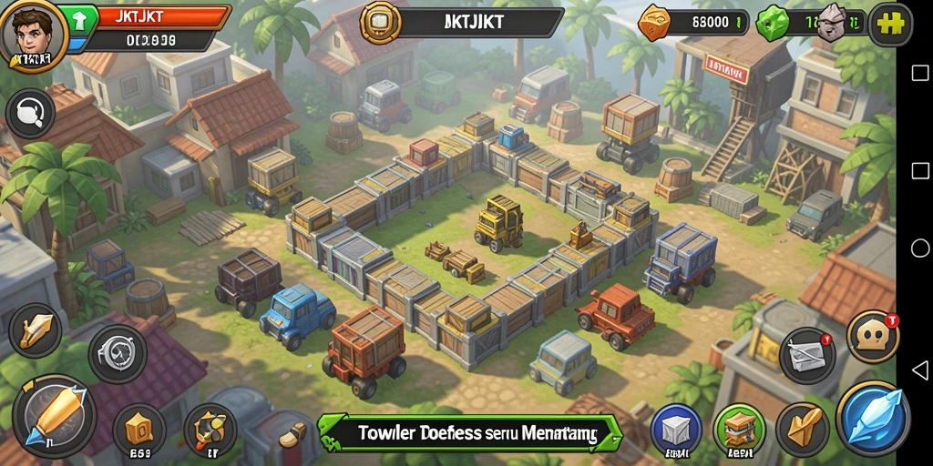 Tampilan gameplay JKTJKT saat mempertahankan garis depan Tower Defense.